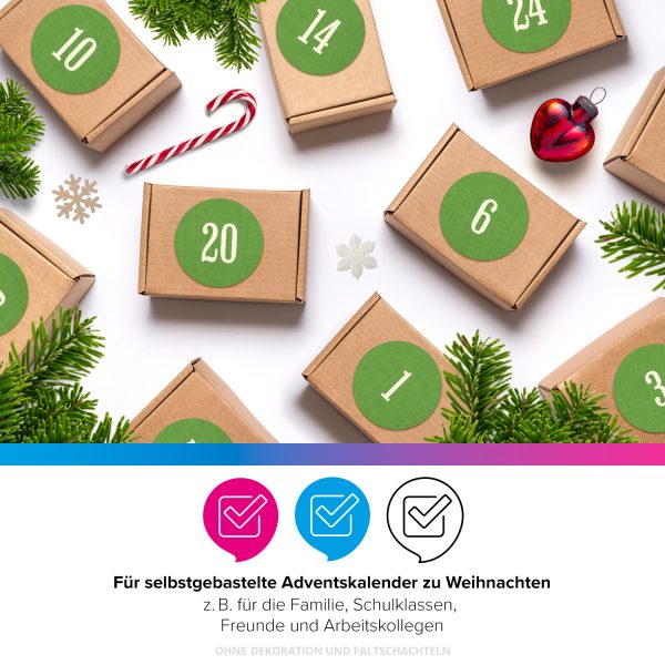 Adventskalender-Zahlen Aufkleber 1 bis 24 / Schlicht auf Grün / Etiketten / Sticker / Weihnachtskalender / Advent / Rund / DIY / zum Aufkleben – Bild 4