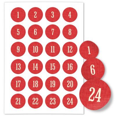 Adventskalender-Zahlen Aufkleber 1 bis 24 / Schlicht auf Rot / Etiketten / Sticker / Weihnachtskalender / Advent / Rund / DIY / zum Aufkleben