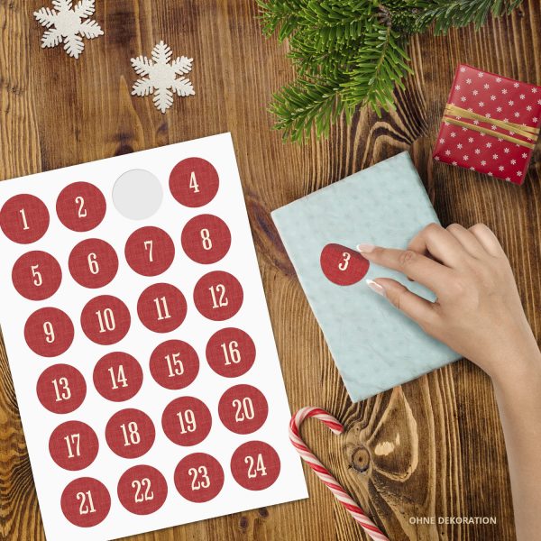 Adventskalender-Zahlen Aufkleber 1 bis 24 / Schlicht auf Rot / Etiketten / Sticker / Weihnachtskalender / Advent / Rund / DIY / zum Aufkleben – Bild 2