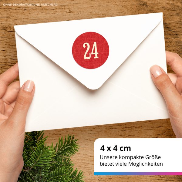 Adventskalender-Zahlen Aufkleber 1 bis 24 / Schlicht auf Rot / Etiketten / Sticker / Weihnachtskalender / Advent / Rund / DIY / zum Aufkleben – Bild 3