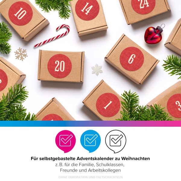 Adventskalender-Zahlen Aufkleber 1 bis 24 / Schlicht auf Rot / Etiketten / Sticker / Weihnachtskalender / Advent / Rund / DIY / zum Aufkleben – Bild 4