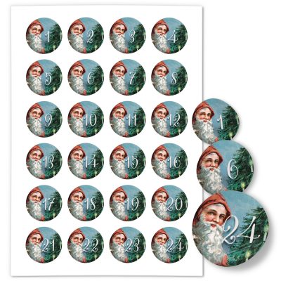 Adventskalender-Zahlen Aufkleber 1 bis 24 / Vintage Weihnachtsmann Bart / Etiketten / Sticker / Weihnachtskalender / Advent / Rund / DIY / zum Aufkleben
