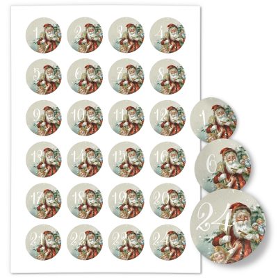Adventskalender-Zahlen Aufkleber 1 bis 24 / Vintage Weihnachtsmann 2 / Etiketten / Sticker / Weihnachtskalender / Advent / Rund / DIY / zum Aufkleben
