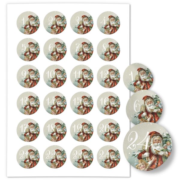Adventskalender-Zahlen Aufkleber 1 bis 24 / Vintage Weihnachtsmann 2 / Etiketten / Sticker / Weihnachtskalender / Advent / Rund / DIY / zum Aufkleben
