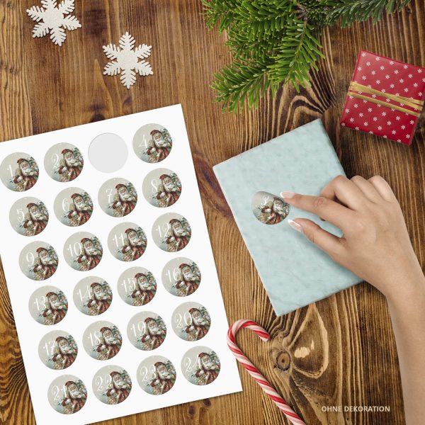 Adventskalender-Zahlen Aufkleber 1 bis 24 / Vintage Weihnachtsmann 2 / Etiketten / Sticker / Weihnachtskalender / Advent / Rund / DIY / zum Aufkleben – Bild 2