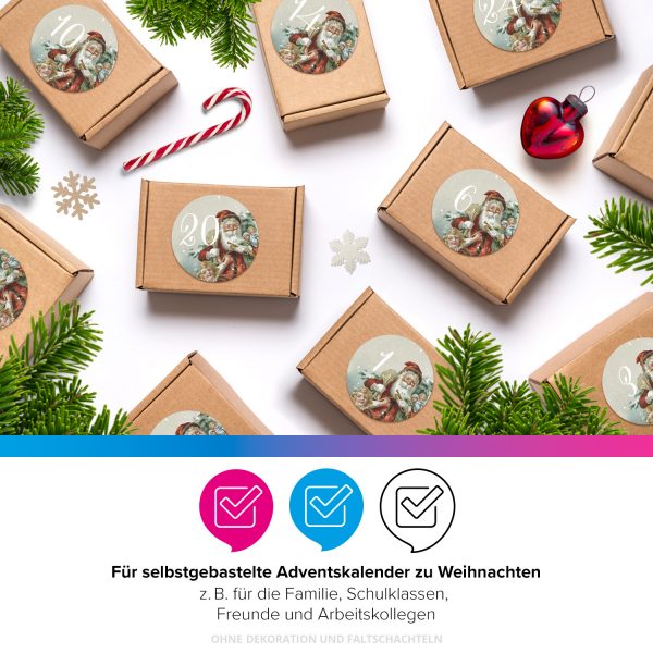 Adventskalender-Zahlen Aufkleber 1 bis 24 / Vintage Weihnachtsmann 2 / Etiketten / Sticker / Weihnachtskalender / Advent / Rund / DIY / zum Aufkleben – Bild 4