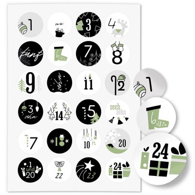 Adventskalender-Zahlen Aufkleber 1 bis 24 / Moderner Mix Schwarz Grün / Etiketten / Sticker / Weihnachtskalender / Advent / Rund / DIY / zum Aufkleben