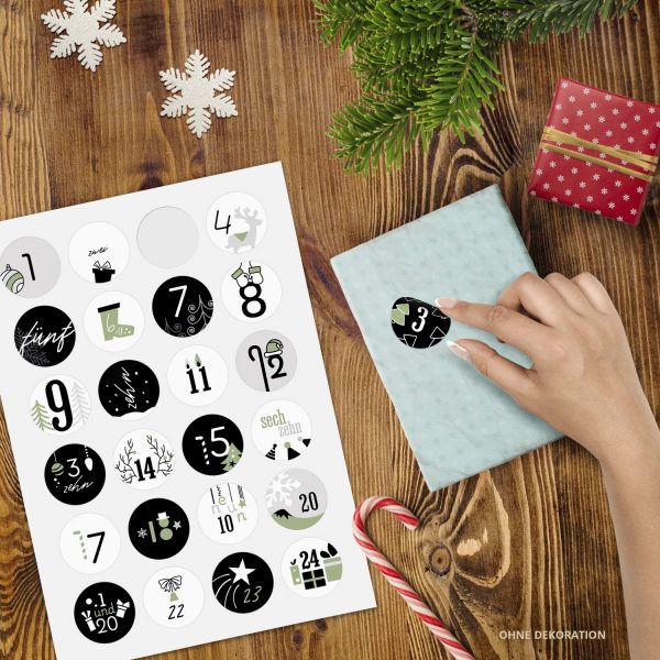 Adventskalender-Zahlen Aufkleber 1 bis 24 / Moderner Mix Schwarz Grün / Etiketten / Sticker / Weihnachtskalender / Advent / Rund / DIY / zum Aufkleben – Bild 2