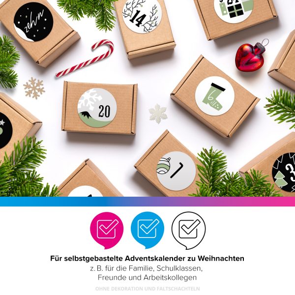 Adventskalender-Zahlen Aufkleber 1 bis 24 / Moderner Mix Schwarz Grün / Etiketten / Sticker / Weihnachtskalender / Advent / Rund / DIY / zum Aufkleben – Bild 4