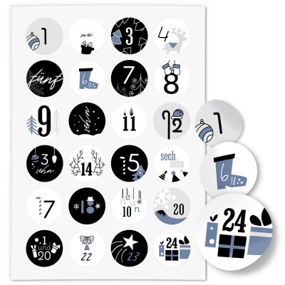 Adventskalender-Zahlen Aufkleber 1 bis 24 / Moderner Mix Schwarz Blau / Etiketten / Sticker / Weihnachtskalender / Advent / Rund / DIY / zum Aufkleben