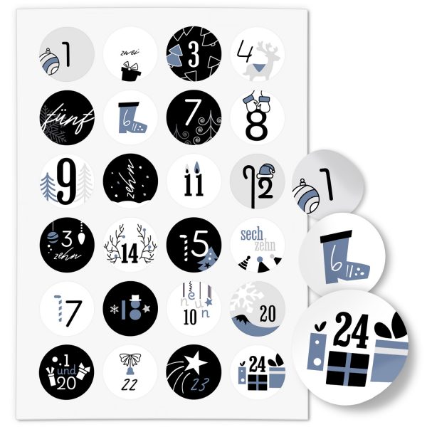 Adventskalender-Zahlen Aufkleber 1 bis 24 / Moderner Mix Schwarz Blau / Etiketten / Sticker / Weihnachtskalender / Advent / Rund / DIY / zum Aufkleben