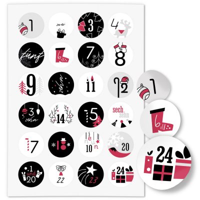 Adventskalender-Zahlen Aufkleber 1 bis 24 / Moderner Mix Schwarz Rot / Etiketten / Sticker / Weihnachtskalender / Advent / Rund / DIY / zum Aufkleben