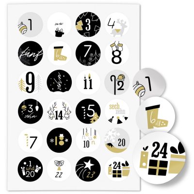 Adventskalender-Zahlen Aufkleber 1 bis 24 / Moderner Mix Schwarz Gelb / Etiketten / Sticker / Weihnachtskalender / Advent / Rund / DIY / zum Aufkleben