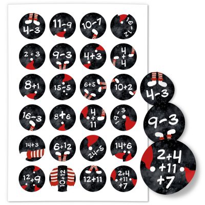 Adventskalender-Zahlen Aufkleber 1 bis 24 / Mathe Aufgaben Rechnen Schwarz Rot / Etiketten / Sticker / Weihnachtskalender / Advent / Rund / DIY / zum Aufkleben