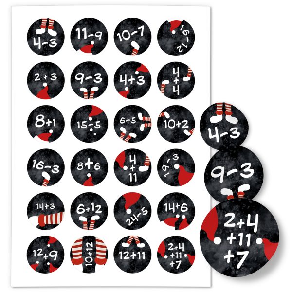 Adventskalender-Zahlen Aufkleber 1 bis 24 / Mathe Aufgaben Rechnen Schwarz Rot / Etiketten / Sticker / Weihnachtskalender / Advent / Rund / DIY / zum Aufkleben
