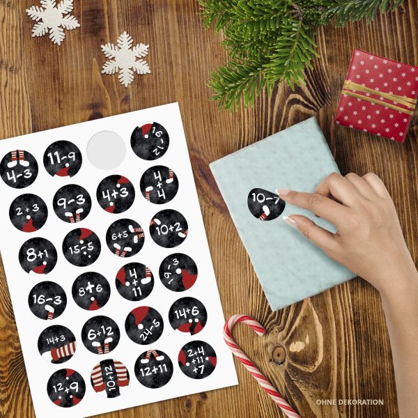 Adventskalender-Zahlen Aufkleber 1 bis 24 / Mathe Aufgaben Rechnen Schwarz Rot / Etiketten / Sticker / Weihnachtskalender / Advent / Rund / DIY / zum Aufkleben – Bild 2