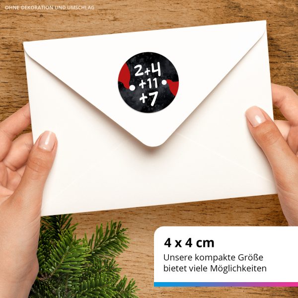 Adventskalender-Zahlen Aufkleber 1 bis 24 / Mathe Aufgaben Rechnen Schwarz Rot / Etiketten / Sticker / Weihnachtskalender / Advent / Rund / DIY / zum Aufkleben – Bild 3
