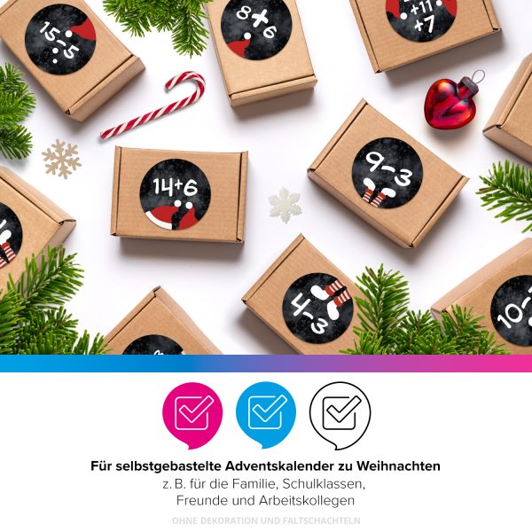 Adventskalender-Zahlen Aufkleber 1 bis 24 / Mathe Aufgaben Rechnen Schwarz Rot / Etiketten / Sticker / Weihnachtskalender / Advent / Rund / DIY / zum Aufkleben – Bild 4