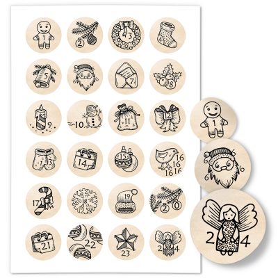 Adventskalender-Zahlen Aufkleber 1 bis 24 / Such Zahlen Zeichnungen / Etiketten / Sticker / Weihnachtskalender / Advent / Rund / DIY / zum Aufkleben