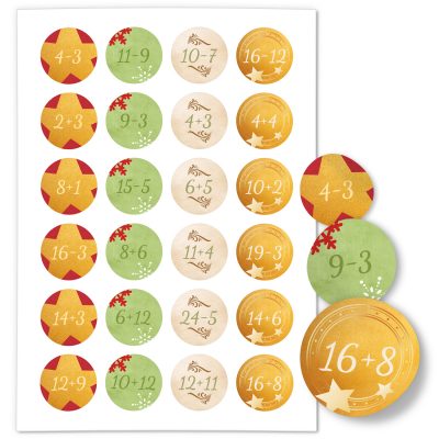 Adventskalender-Zahlen Aufkleber 1 bis 24 / Rechnen Mathe Aufgaben Mix Bunt / Etiketten / Sticker / Weihnachtskalender / Advent / Rund / DIY / zum Aufkleben