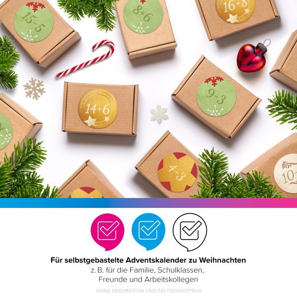 Adventskalender-Zahlen Aufkleber 1 bis 24 / Rechnen Mathe Aufgaben Mix Bunt / Etiketten / Sticker / Weihnachtskalender / Advent / Rund / DIY / zum Aufkleben – Bild 4