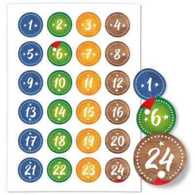Adventskalender-Zahlen Aufkleber 1 bis 24 / Bunter Mix gestrichelt / Etiketten / Sticker / Weihnachtskalender / Advent / Rund / DIY / zum Aufkleben