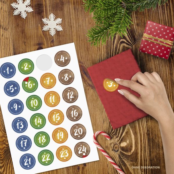Adventskalender-Zahlen Aufkleber 1 bis 24 / Bunter Mix gestrichelt / Etiketten / Sticker / Weihnachtskalender / Advent / Rund / DIY / zum Aufkleben – Bild 2