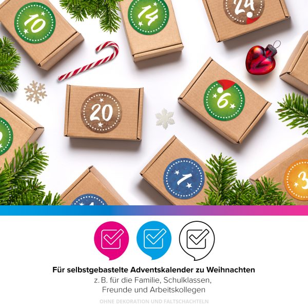 Adventskalender-Zahlen Aufkleber 1 bis 24 / Bunter Mix gestrichelt / Etiketten / Sticker / Weihnachtskalender / Advent / Rund / DIY / zum Aufkleben – Bild 4