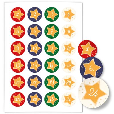 Adventskalender-Zahlen Aufkleber 1 bis 24 / Bunter Mix Sterne auf Farben / Etiketten / Sticker / Weihnachtskalender / Advent / Rund / DIY / zum Aufkleben