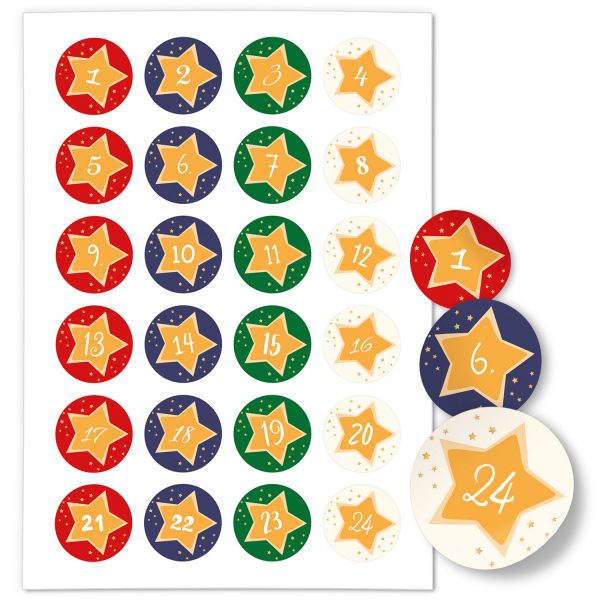 Adventskalender-Zahlen Aufkleber 1 bis 24 / Bunter Mix Sterne auf Farben / Etiketten / Sticker / Weihnachtskalender / Advent / Rund / DIY / zum Aufkleben