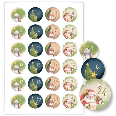 Adventskalender-Zahlen Aufkleber 1 bis 24 / Niedliche Zeichnungen Mix / Etiketten / Sticker / Weihnachtskalender / Advent / Rund / DIY / zum Aufkleben