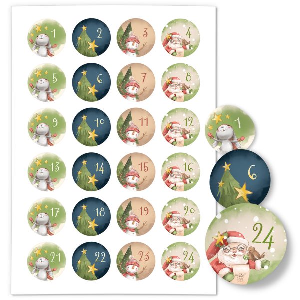 Adventskalender-Zahlen Aufkleber 1 bis 24 / Niedliche Zeichnungen Mix / Etiketten / Sticker / Weihnachtskalender / Advent / Rund / DIY / zum Aufkleben