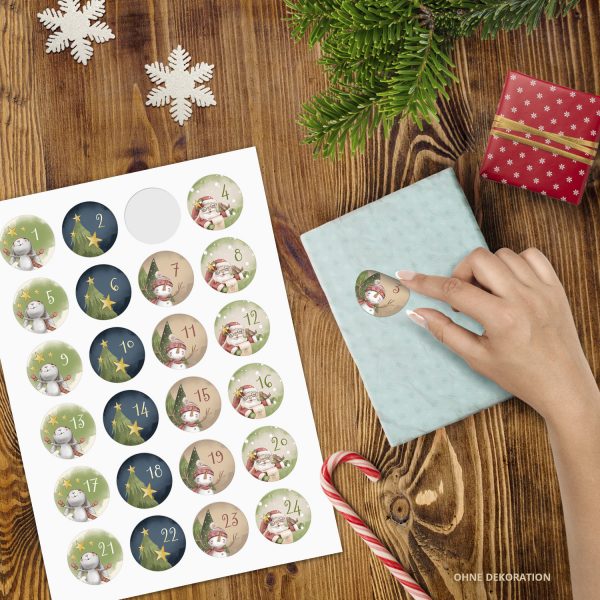 Adventskalender-Zahlen Aufkleber 1 bis 24 / Niedliche Zeichnungen Mix / Etiketten / Sticker / Weihnachtskalender / Advent / Rund / DIY / zum Aufkleben – Bild 2