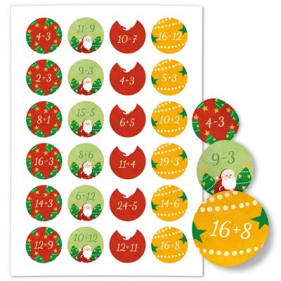 Adventskalender-Zahlen Aufkleber 1 bis 24 / Zahlen Rechnen Mathe Aufhaben rot gelb grün / Etiketten / Sticker / Weihnachtskalender / Advent / Rund / DIY / zum Aufkleben