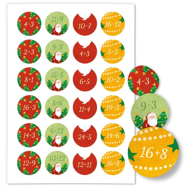 Adventskalender-Zahlen Aufkleber 1 bis 24 / Zahlen Rechnen Mathe Aufhaben rot gelb grün / Etiketten / Sticker / Weihnachtskalender / Advent / Rund / DIY / zum Aufkleben