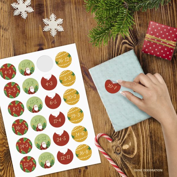 Adventskalender-Zahlen Aufkleber 1 bis 24 / Zahlen Rechnen Mathe Aufhaben rot gelb grün / Etiketten / Sticker / Weihnachtskalender / Advent / Rund / DIY / zum Aufkleben – Bild 2