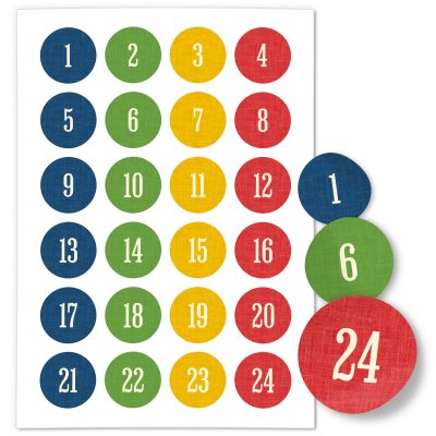 Adventskalender-Zahlen Aufkleber 1 bis 24 / Schlichter Zahlenmix blau rot grün gelb / Etiketten / Sticker / Weihnachtskalender / Advent / Rund / DIY / zum Aufkleben