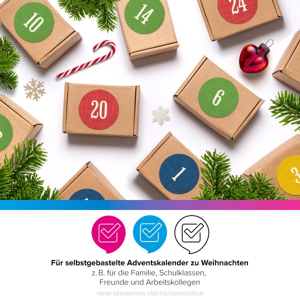 Adventskalender-Zahlen Aufkleber 1 bis 24 / Schlichter Zahlenmix blau rot grün gelb / Etiketten / Sticker / Weihnachtskalender / Advent / Rund / DIY / zum Aufkleben – Bild 4