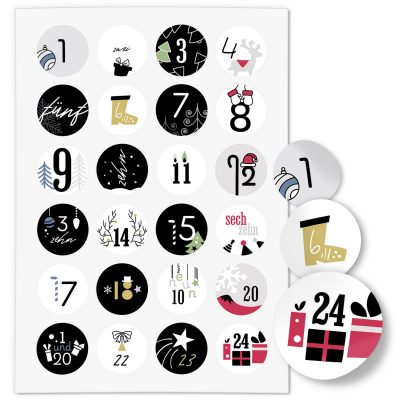 Adventskalender-Zahlen Aufkleber 1 bis 24 / Moderner Mix 2022 / Etiketten / Sticker / Weihnachtskalender / Advent / Rund / DIY / zum Aufkleben