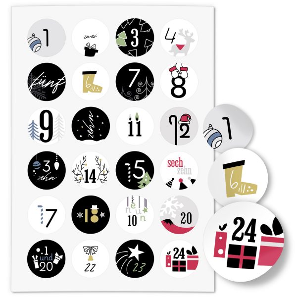 Adventskalender-Zahlen Aufkleber 1 bis 24 / Moderner Mix 2022 / Etiketten / Sticker / Weihnachtskalender / Advent / Rund / DIY / zum Aufkleben