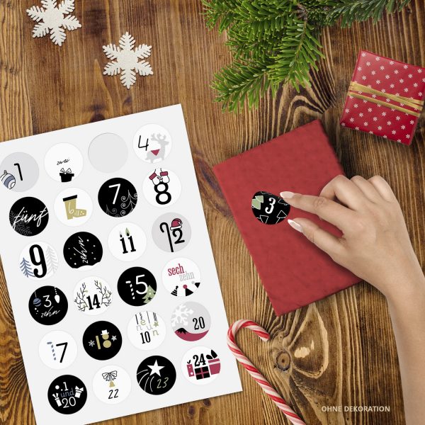 Adventskalender-Zahlen Aufkleber 1 bis 24 / Moderner Mix 2022 / Etiketten / Sticker / Weihnachtskalender / Advent / Rund / DIY / zum Aufkleben – Bild 2