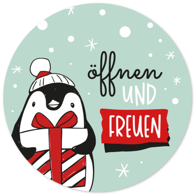 48 Geschenkaufkleber Weihnachten - ÖFFNEN UND FREUEN Pinguin Geschenk - Weihnachtsaufkleber Aufkleber für Geschenke Etiketten rund 4cm
