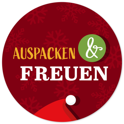 48 Geschenkaufkleber Weihnachten - AUSPACKEN UND FREUEN Mütze - Weihnachtsaufkleber Aufkleber für Geschenke Etiketten rund 4cm