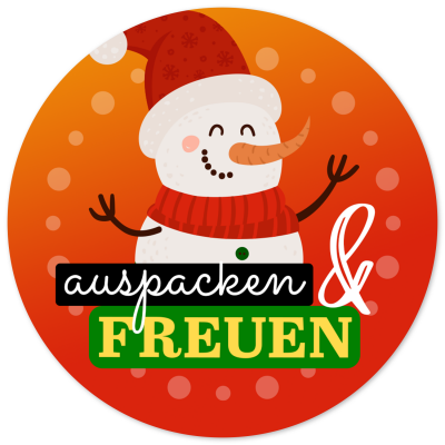 48 Geschenkaufkleber Weihnachten -AUSPACKEN UND FREUEN Schneemann - Weihnachtsaufkleber Aufkleber für Geschenke Etiketten rund 4cm