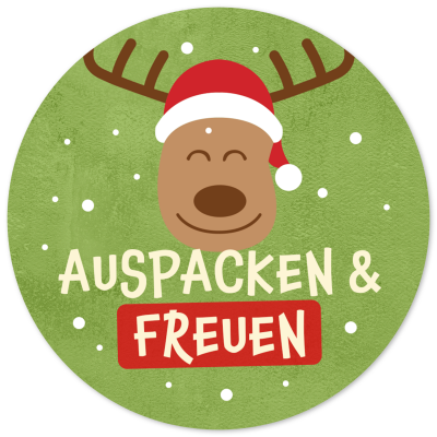 48 Geschenkaufkleber Weihnachten - AUSPACKEN UND FREUEN Rentier - Weihnachtsaufkleber Aufkleber für Geschenke Etiketten rund 4cm
