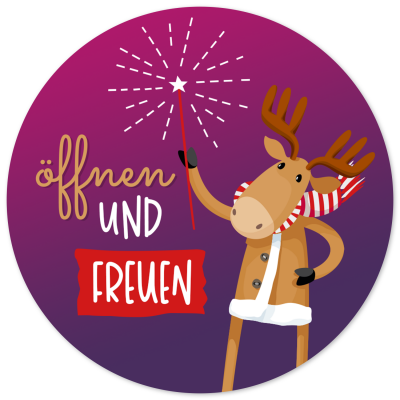 48 Geschenkaufkleber Weihnachten - AUSPACKEN UND FREUEN Rentier lila - Weihnachtsaufkleber Aufkleber für Geschenke Etiketten rund 4cm