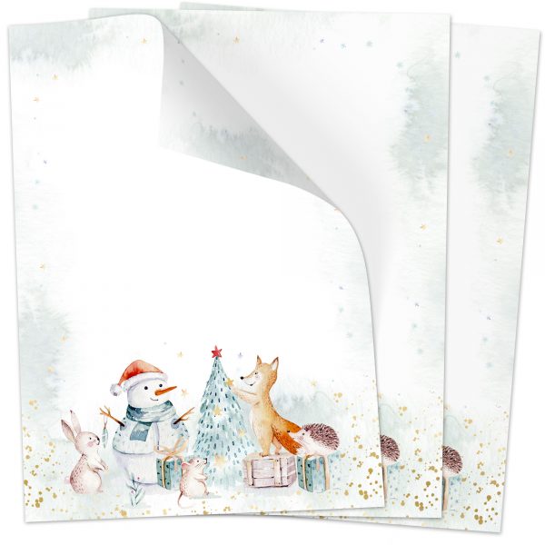 50 Blatt Weihnachtspapier (A4) | Niedliche Aquarell Tiere | Motivpapier | edles Briefpapier Weihnachten | beidseitig weihnachtlich bedruckt