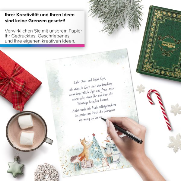 50 Blatt Weihnachtspapier (A4) | Niedliche Aquarell Tiere | Motivpapier | edles Briefpapier Weihnachten | beidseitig weihnachtlich bedruckt – Bild 2