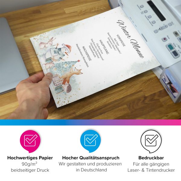 50 Blatt Weihnachtspapier (A4) | Niedliche Aquarell Tiere | Motivpapier | edles Briefpapier Weihnachten | beidseitig weihnachtlich bedruckt – Bild 3