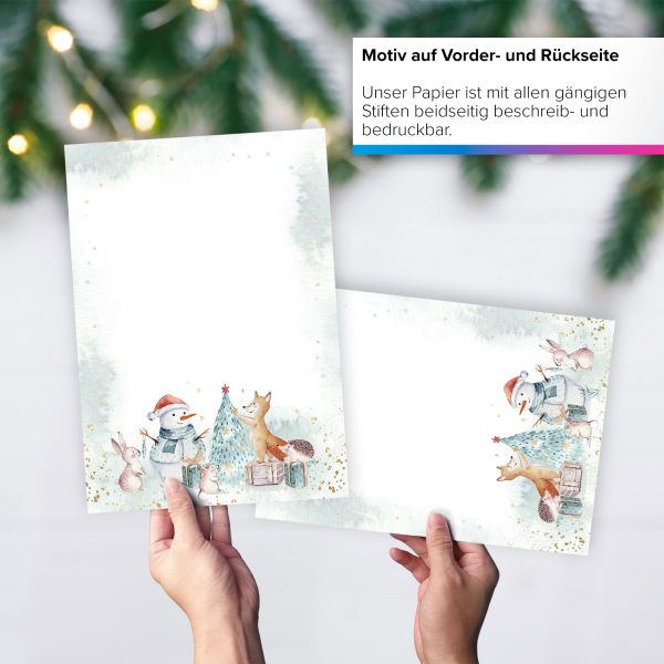 50 Blatt Weihnachtspapier (A4) | Niedliche Aquarell Tiere | Motivpapier | edles Briefpapier Weihnachten | beidseitig weihnachtlich bedruckt – Bild 6